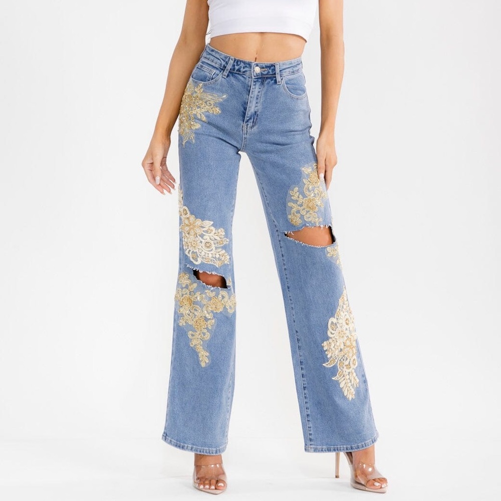 Cape Robbin Light Blue Wide Leg Jeans with Gold Embroidery